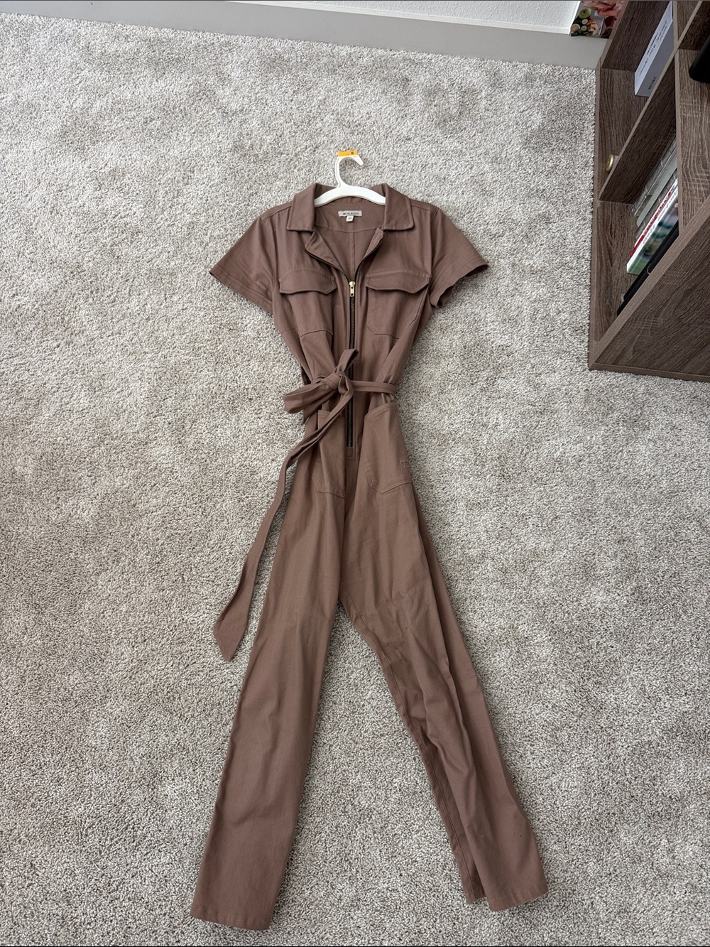Tie-Waist Short-Sleeve Utility Jumpsuit in Brown